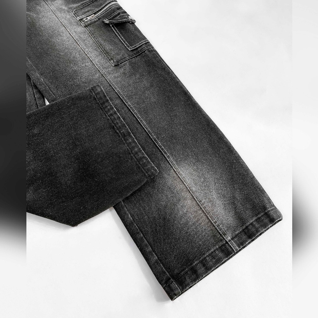 Quần jean unisex túi hộp 2 bên ống suông rộng CB02, Màu Silver Wash Denim khóa kéo - Cạp Bán Chun 2 bên Catima