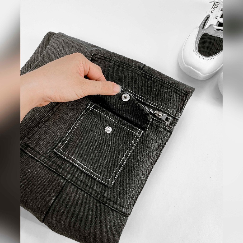 Quần jean unisex túi hộp 2 bên ống suông rộng CB02, Màu Silver Wash Denim khóa kéo - Cạp Bán Chun 2 bên Catima