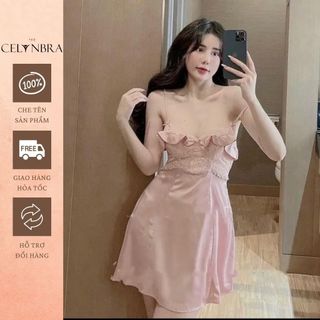 Váy ngủ lụa phối ren xuyên thấu đính nơ sexy the celynbra - v114