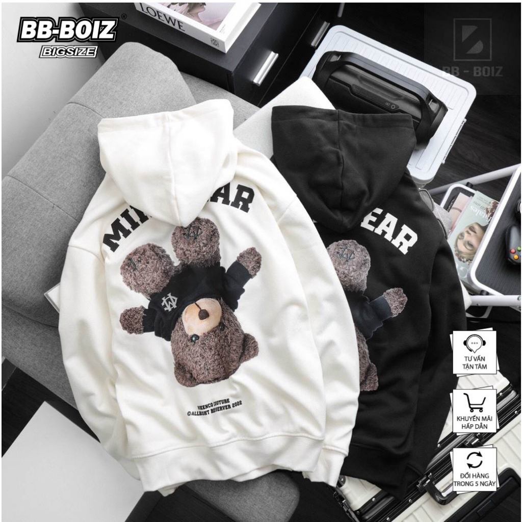 BIGSIZE - Áo khoác hoodie BB - Boiz nam size lớn, bigsize 90kg - 130kg -  in hình gấu và chữ Mik eb ear