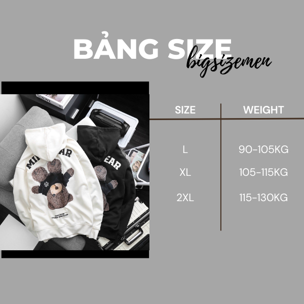 BIGSIZE - Áo khoác hoodie BB - Boiz nam size lớn, bigsize 90kg - 130kg -  in hình gấu và chữ Mik eb ear