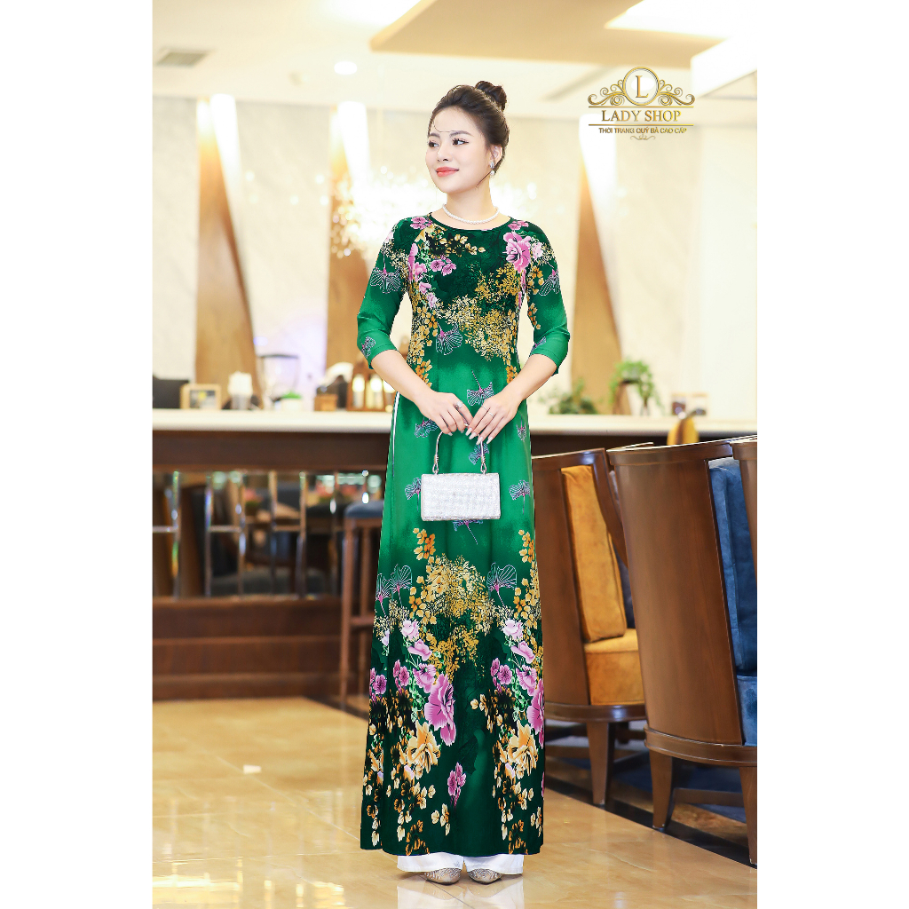 Áo dài lụa lá rẻ quạt Ladyshop thời trang trung niên cao cấp T215