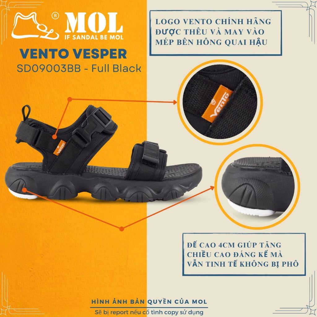 Giày sandal nữ Vento Vesper 2 quai ngang SD09003BB màu đen full