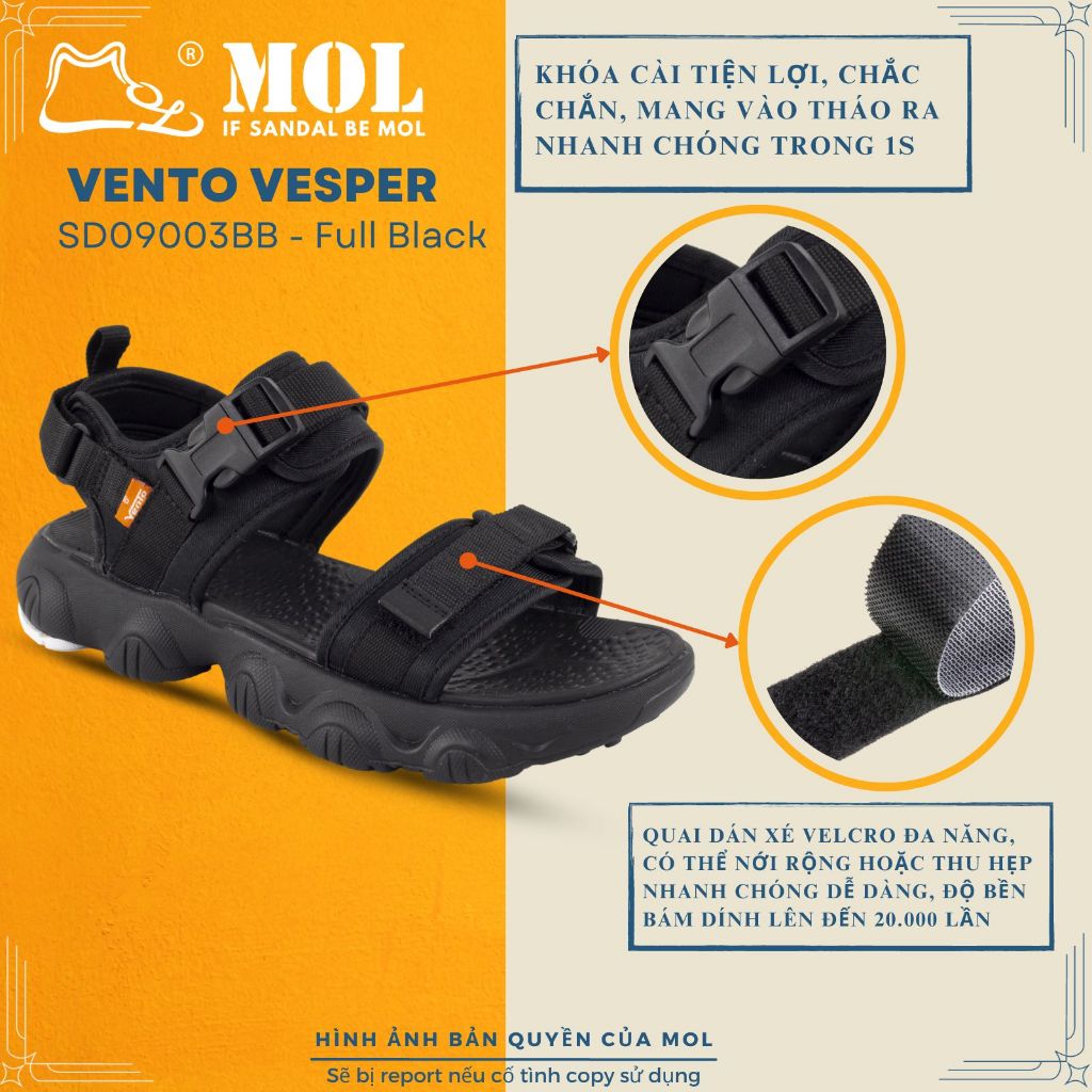 Giày sandal nữ Vento Vesper 2 quai ngang SD09003BB màu đen full