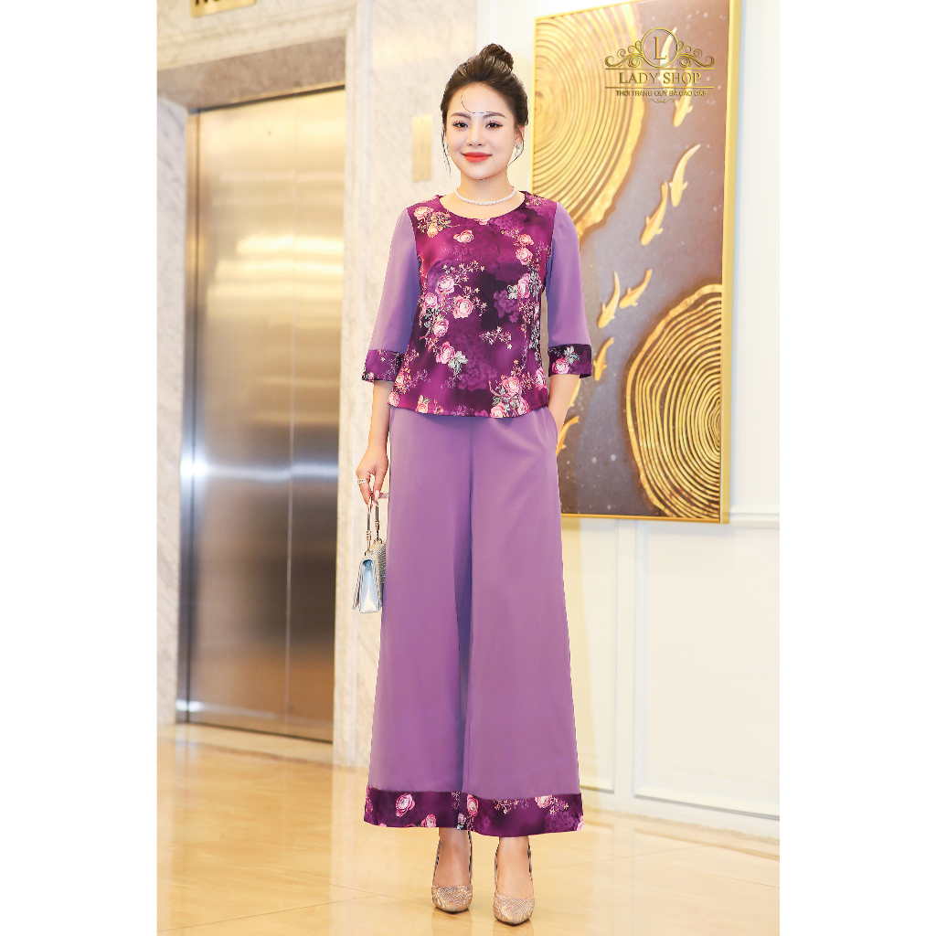 Bộ lụa hong kong hoa mẫu đơn Ladyshop thời trang trung niên cao cấp T217