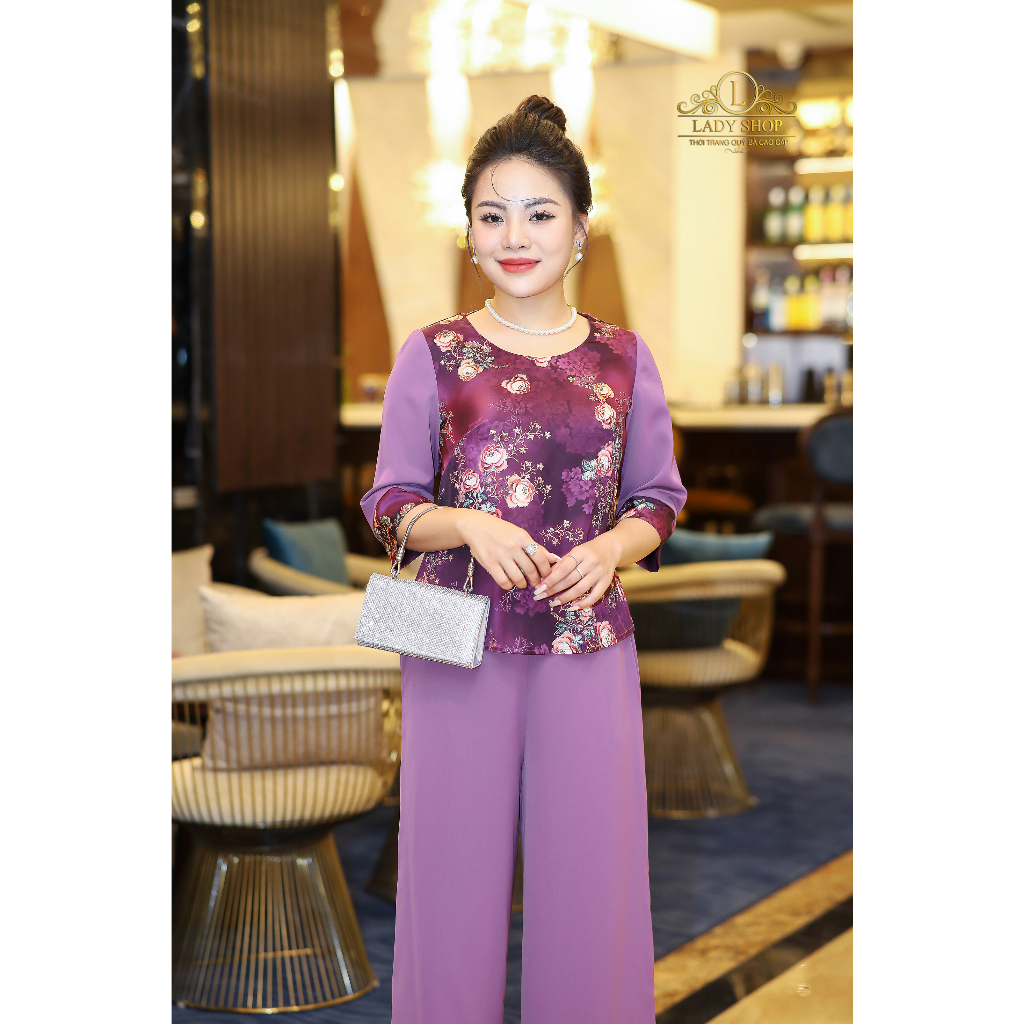 Bộ lụa hong kong hoa mẫu đơn Ladyshop thời trang trung niên cao cấp T217