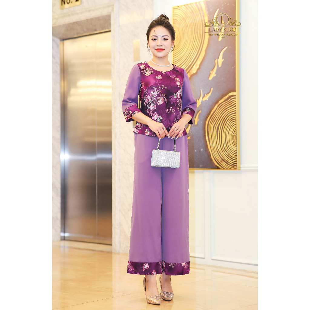 Bộ lụa hong kong hoa mẫu đơn Ladyshop thời trang trung niên cao cấp T217