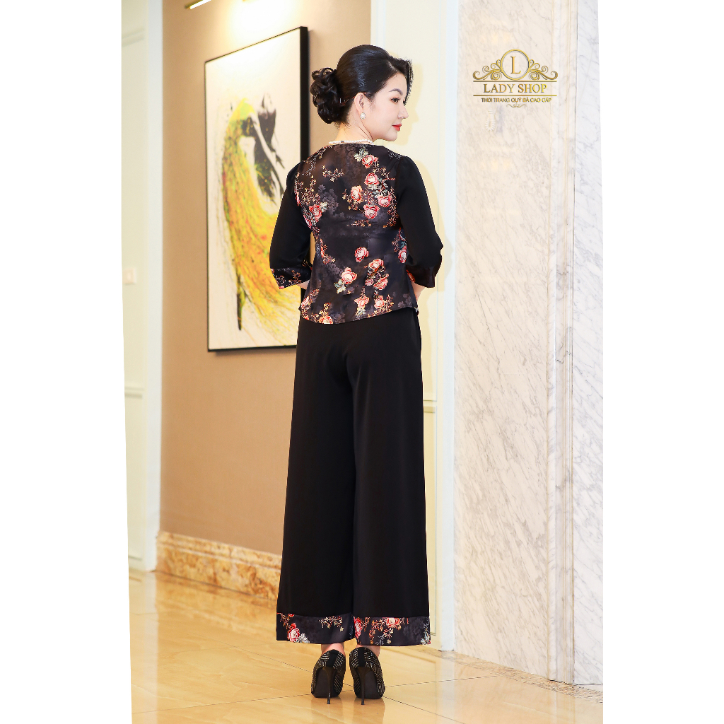 Bộ lụa hong kong hoa mẫu đơn Ladyshop thời trang trung niên cao cấp T217