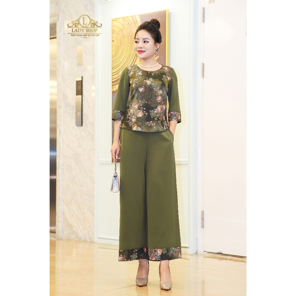 Bộ lụa hong kong hoa mẫu đơn Ladyshop thời trang trung niên cao cấp T217