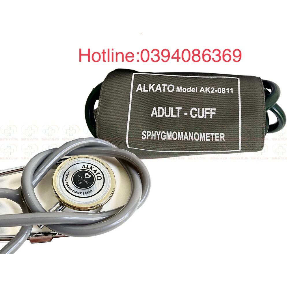 Bộ máy đo huyết áp cơ ALkato bằng quả bóp và đai quấn bắp tay, và Ống nghe Alkato - Nhập khẩu từ Nhật Bản