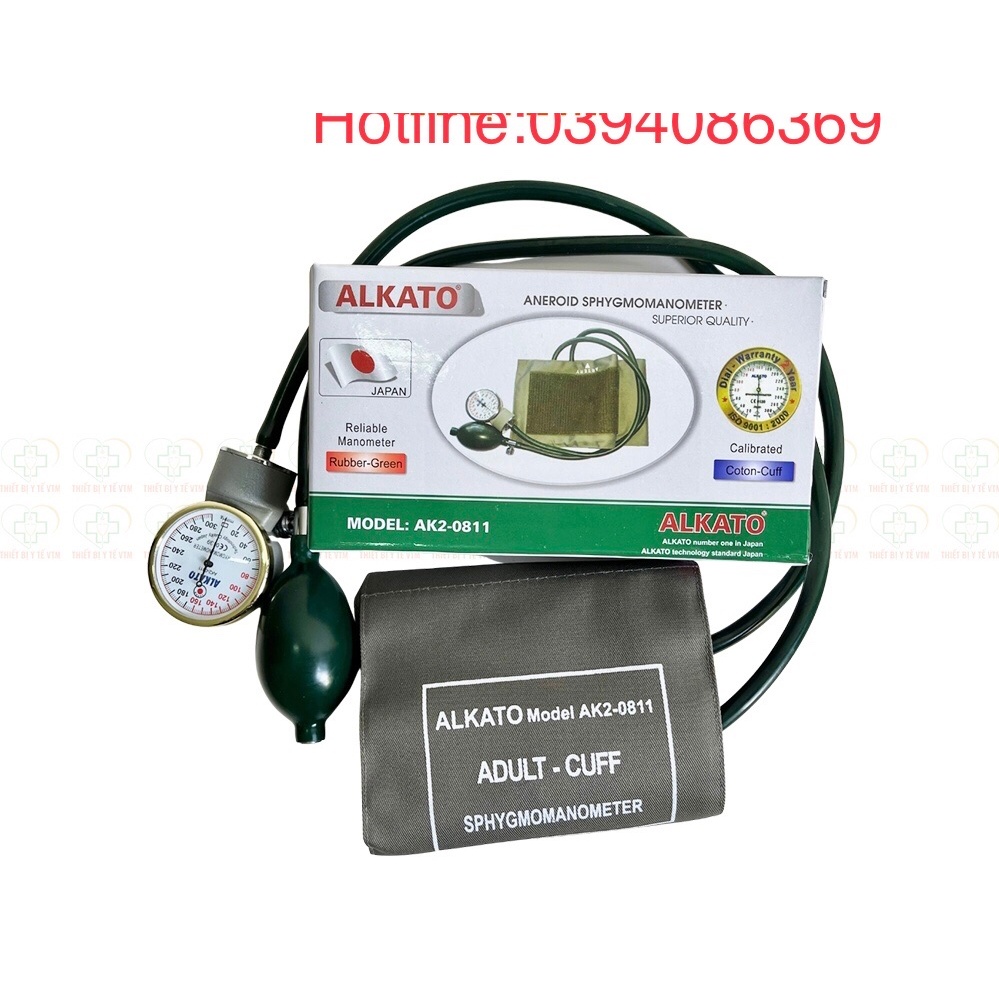 Bộ máy đo huyết áp cơ ALkato bằng quả bóp và đai quấn bắp tay, và Ống nghe Alkato - Nhập khẩu từ Nhật Bản