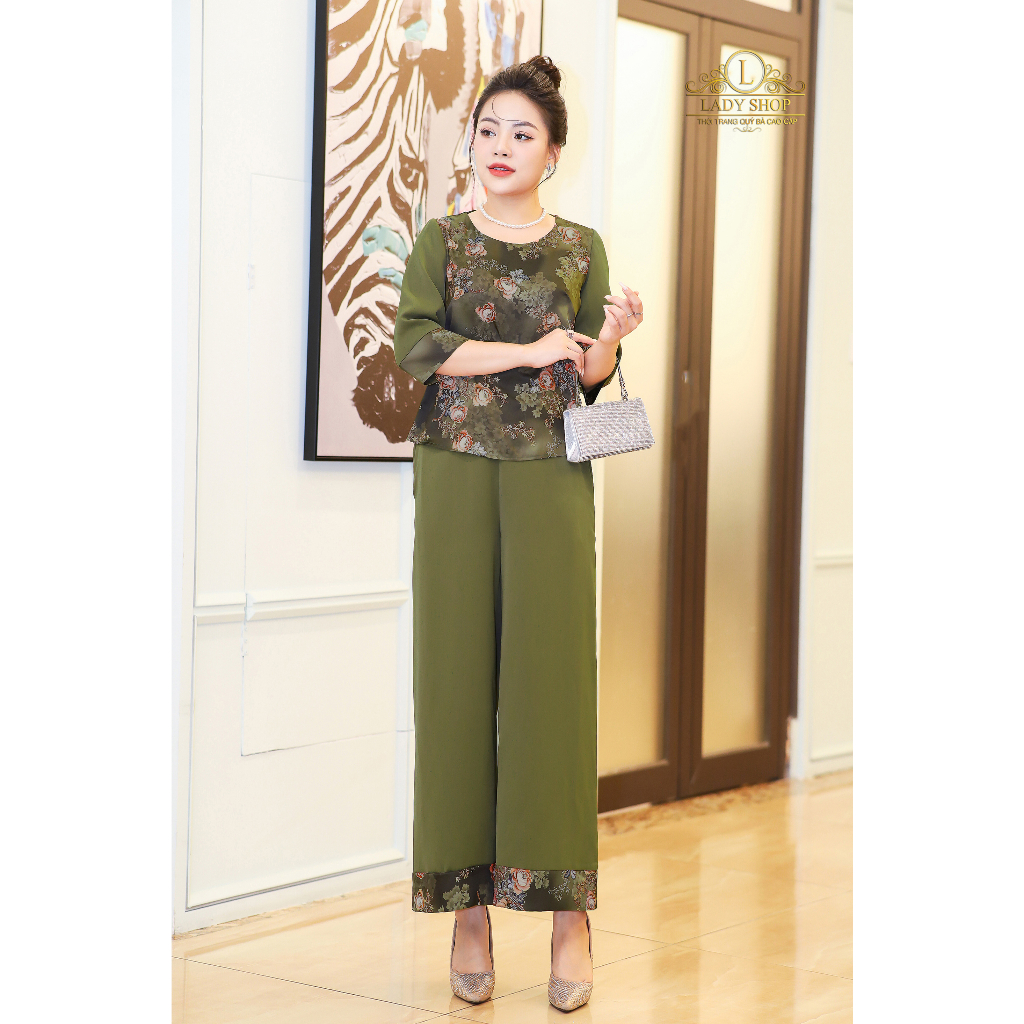 Bộ lụa hong kong hoa mẫu đơn Ladyshop thời trang trung niên cao cấp T217