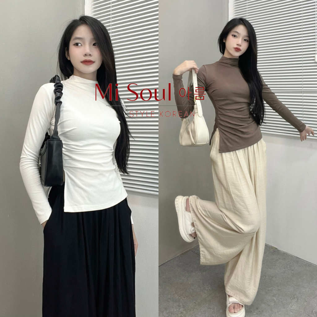 Áo Thun Dài Tay Nữ Cổ 3 Phân Nhúm Sườn Xẻ Tà BigSize Pastel, Áo Thun Nữ Dài Tay Xẻ Tà BigSize Pastel 222