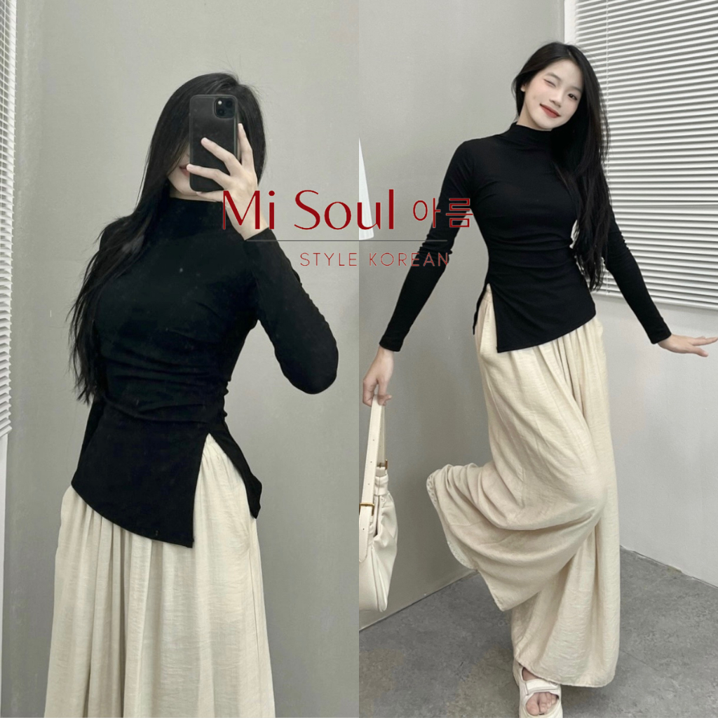 Áo Thun Dài Tay Nữ Cổ 3 Phân Nhúm Sườn Xẻ Tà BigSize Pastel, Áo Thun Nữ Dài Tay Xẻ Tà BigSize Pastel 222