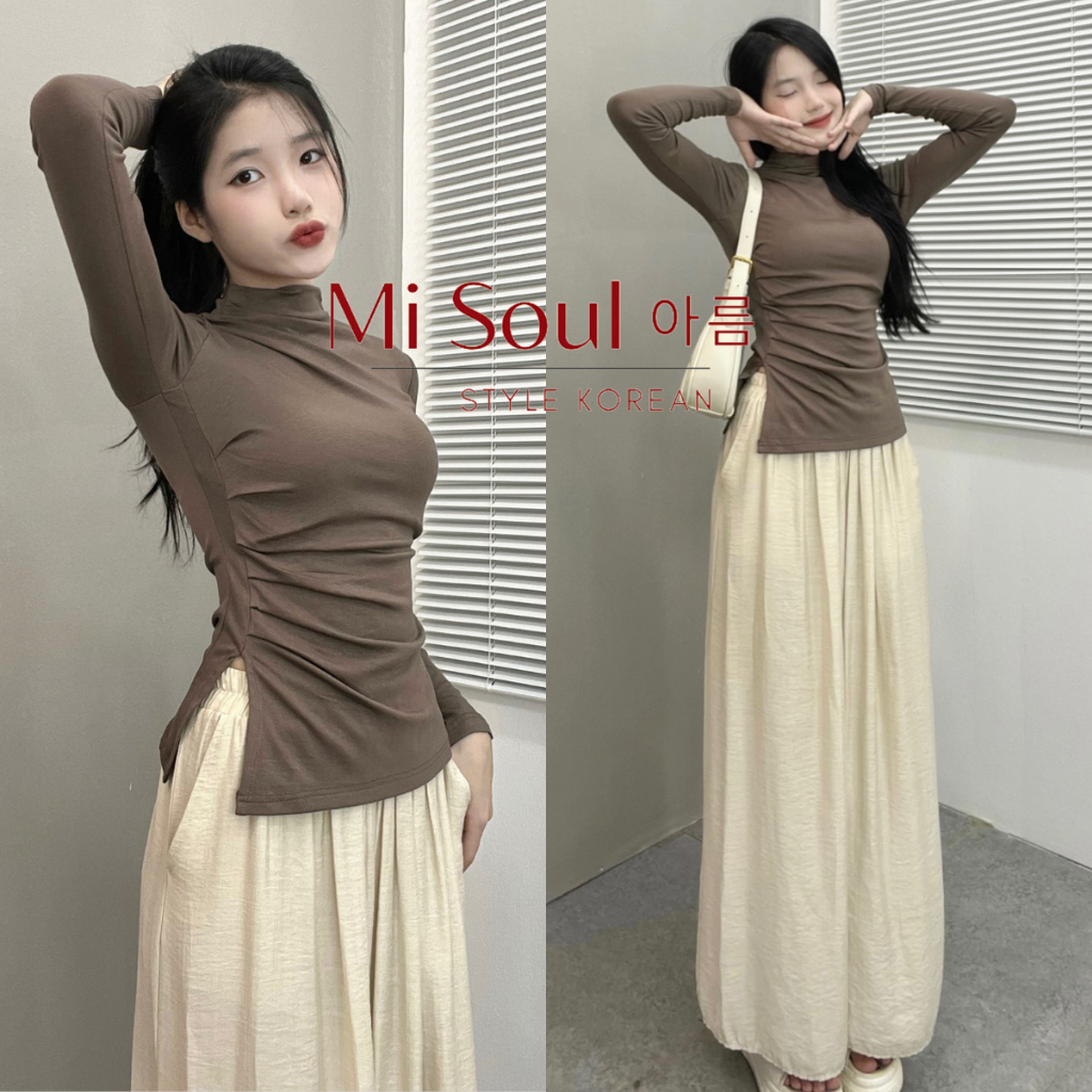 Áo Thun Dài Tay Nữ Cổ 3 Phân Nhúm Sườn Xẻ Tà BigSize Pastel, Áo Thun Nữ Dài Tay Xẻ Tà BigSize Pastel 222