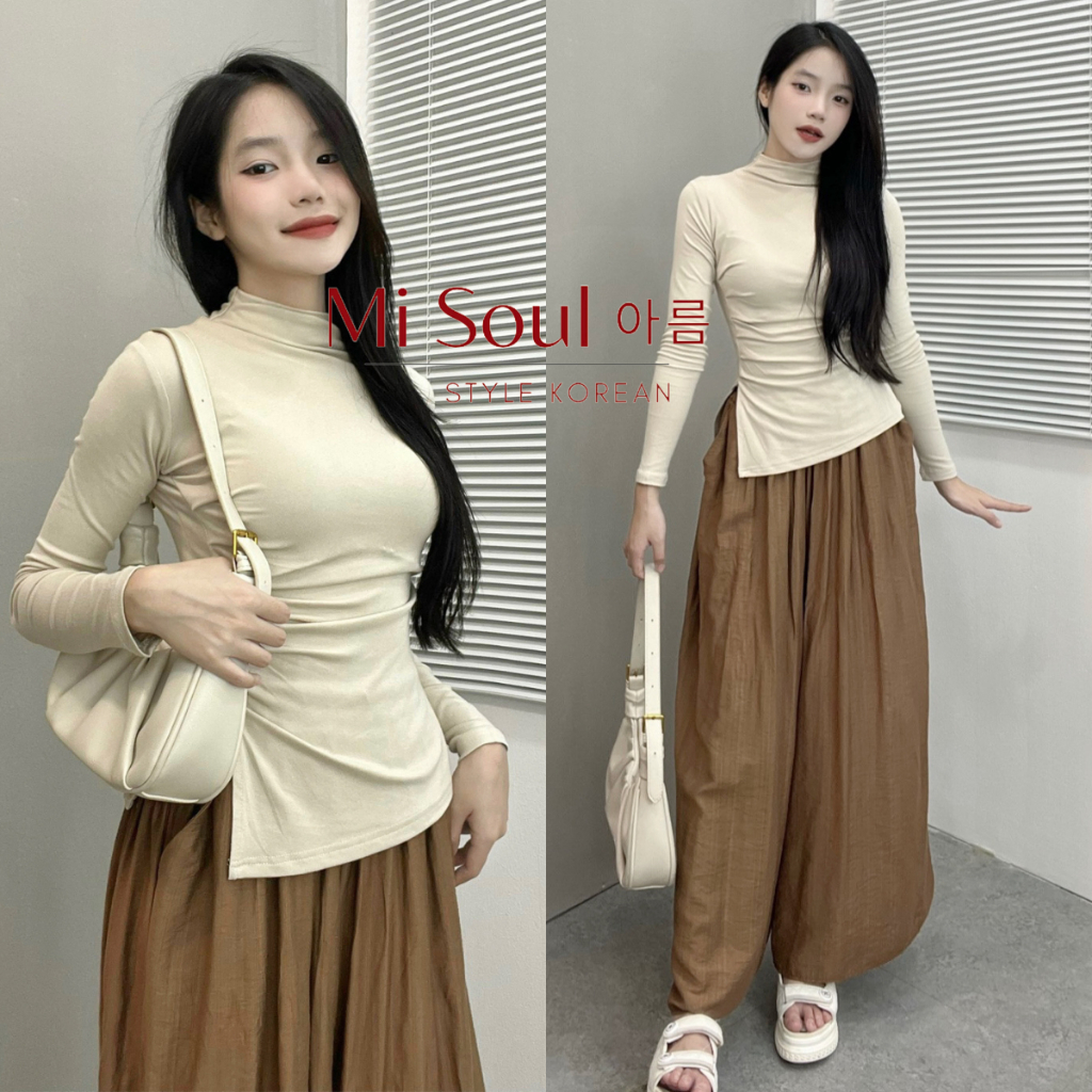 Áo Thun Dài Tay Nữ Cổ 3 Phân Nhúm Sườn Xẻ Tà BigSize Pastel, Áo Thun Nữ Dài Tay Xẻ Tà BigSize Pastel 222