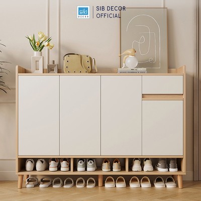 [Giao lắp tại TP.HCM] Tủ Giày Gỗ Nhiều Ngăn Đa Năng, Cánh Nhấn Mở Màu Trắng Phối Vân Gỗ Sồi (Oak) SIB Decor TG19
