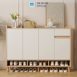 Tủ giày gỗ nhiều ngăn đa năng thương hiệu sib decor màu trắng phối vân gỗ sồi