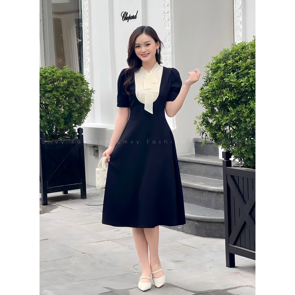 Váy công sở dáng xòe phối voan sang trọng, Vay nu cong sơ chât liệu mango ý cao caao Emvy Fashion K79