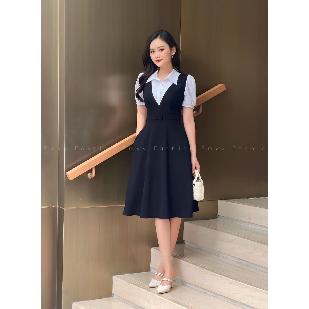 Váy nữ công sở phối áo sơ mi sang trọng tiện lợi, áo liên váy Emvy fashion K80