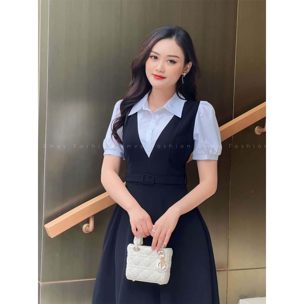 Váy nữ công sở phối áo sơ mi sang trọng tiện lợi, áo liên váy Emvy fashion K80