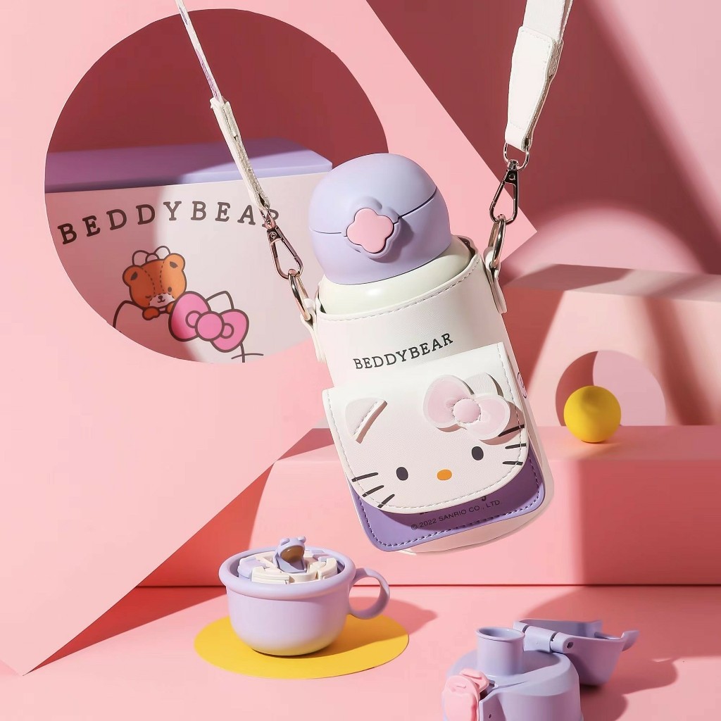 Bình giữ nhiệt Trẻ em Hello Kitty Beddybear - Dung tích 630 ml - 3 nắp thay thế - Tặng kèm túi đeo da cao cấp nó túi nhỏ