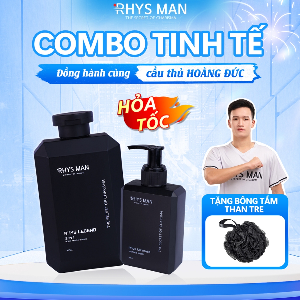 Bộ quà tặng Sữa tắm gội nam 3 in 1 Legend 350ml & Dung dịch vệ sinh nam hương bạc hà 120ml RHYS MAN