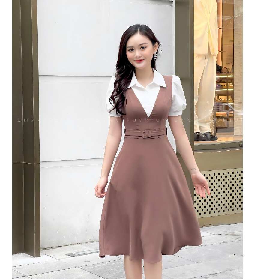 Váy nữ công sở phối áo sơ mi sang trọng tiện lợi, áo liên váy Emvy fashion K80