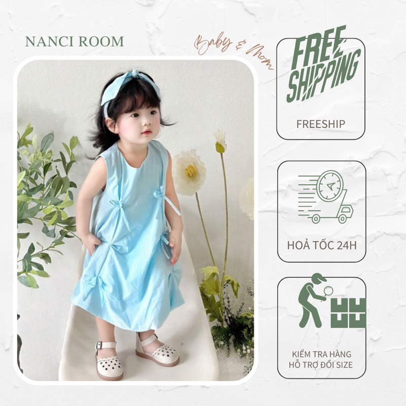Váy salin em bé đính nơ xanh pastel Nanci room