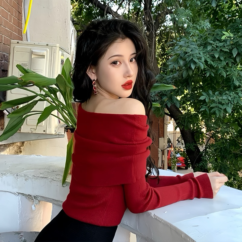 Áo trễ vai len tăm Emili dáng dài tay dệt kim