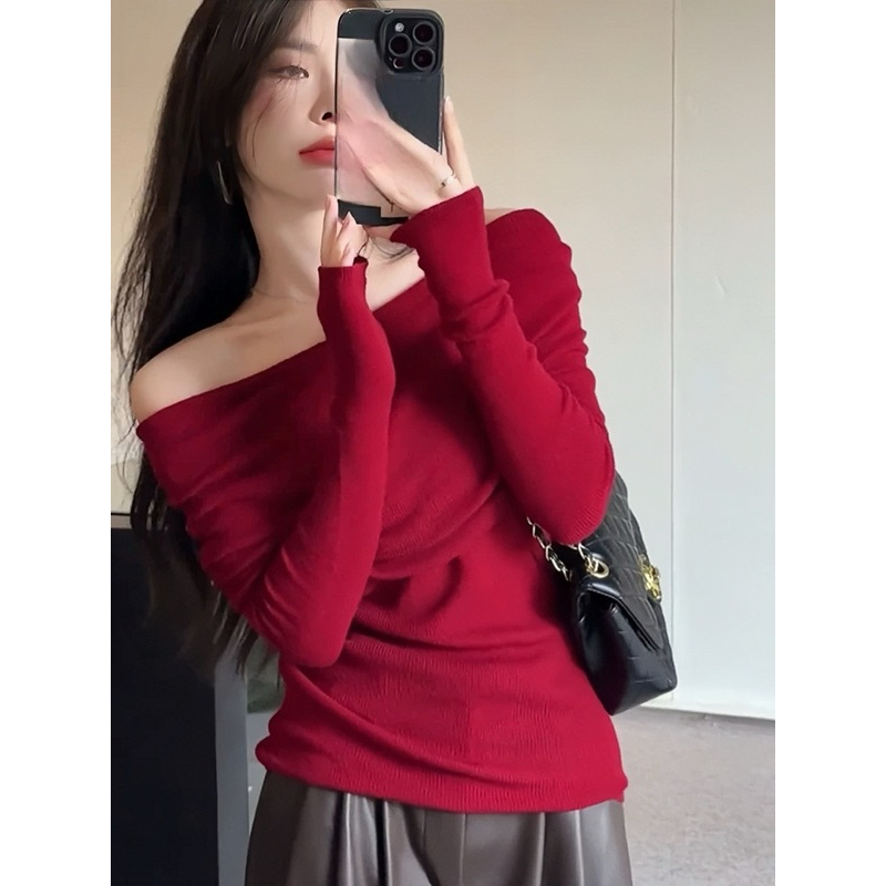 Áo trễ vai len tăm Emili dáng dài tay dệt kim