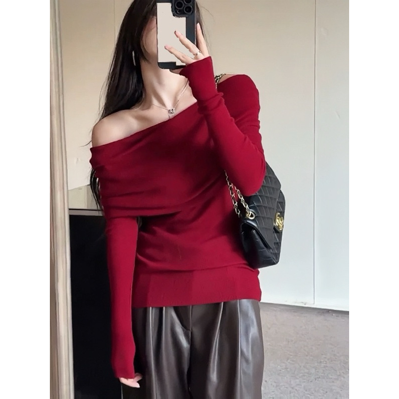 Áo trễ vai len tăm Emili dáng dài tay dệt kim