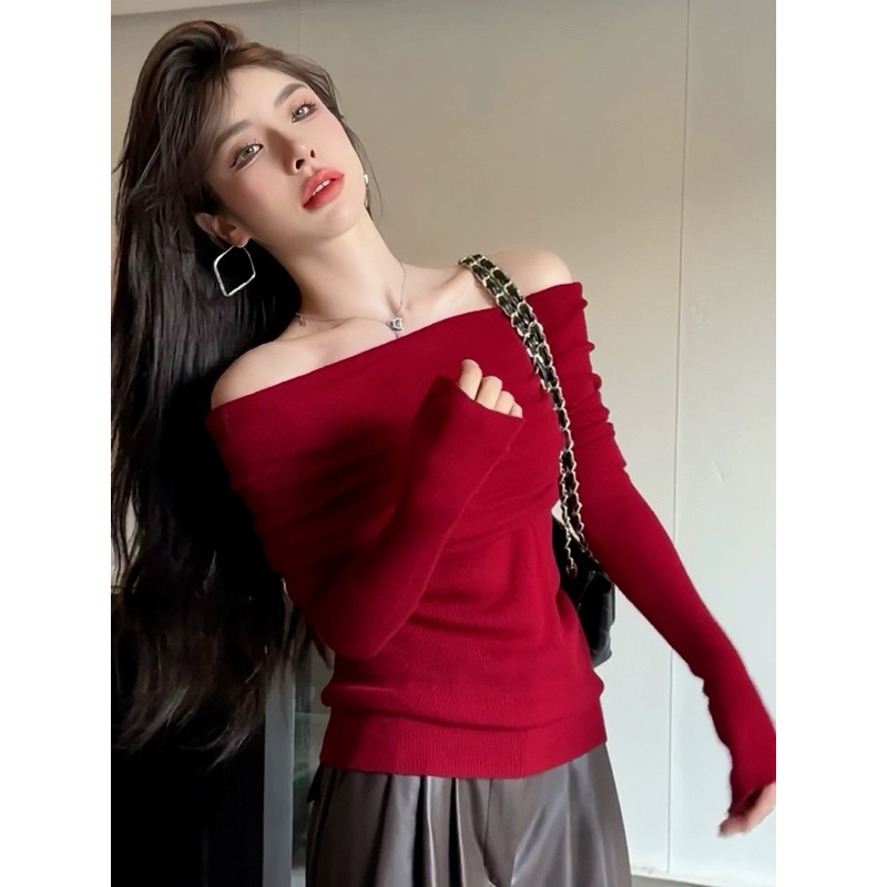 Áo trễ vai len tăm Emili dáng dài tay dệt kim