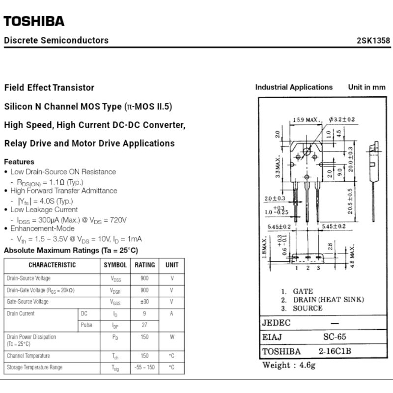 Mosfet công suất TOSHIBA K1358 2SK1358 N-Channle 900V 9A 150W