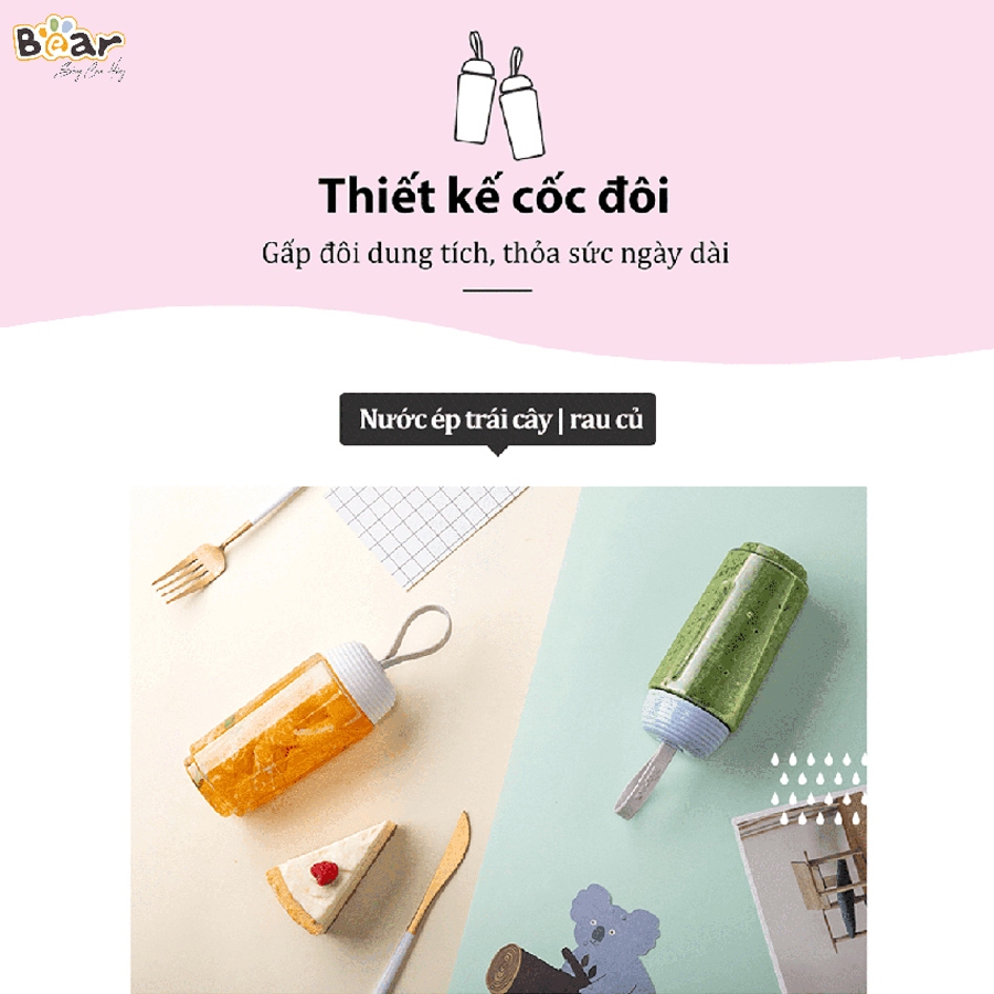 Máy xay sinh tố Bear, 2 cối xay, công suất lớn, dao 4 lưỡi thép không gỉ – Hàng chính hãng bảo hành 6-18 tháng