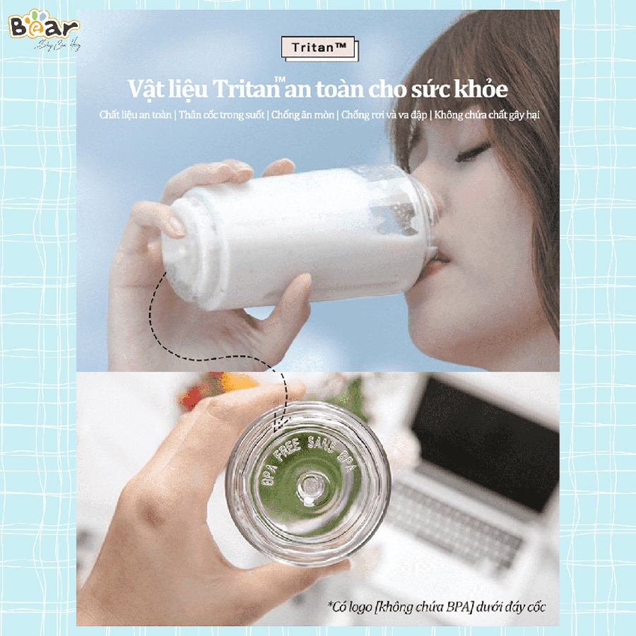 Máy xay sinh tố Bear, 2 cối xay, công suất lớn, dao 4 lưỡi thép không gỉ – Hàng chính hãng bảo hành 6-18 tháng