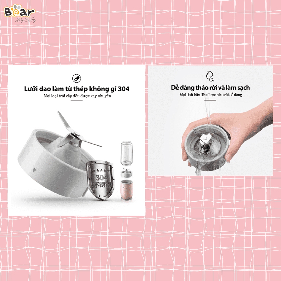 Máy xay sinh tố Bear, 2 cối xay, công suất lớn, dao 4 lưỡi thép không gỉ – Hàng chính hãng bảo hành 6-18 tháng