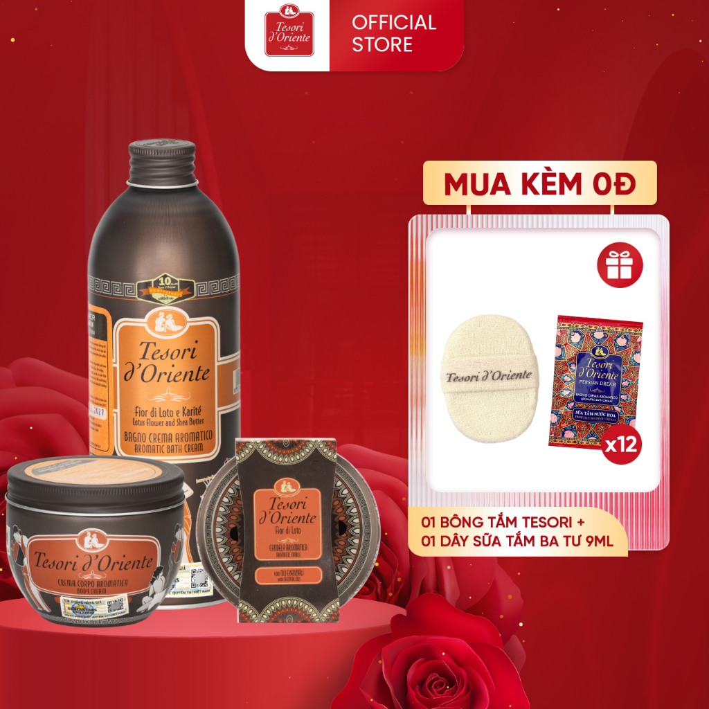 Combo quà tặng Sữa tắm 500ml kèm Nước hoa 100ml và Nến thơm 200gr Tesori d' Oriente chính hãng