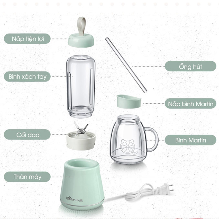 Máy xay sinh tố cầm tay Bear, máy xay hoa quả 2 cối xay công suất lớn – Hàng chính hãng bảo hành 6-18 tháng