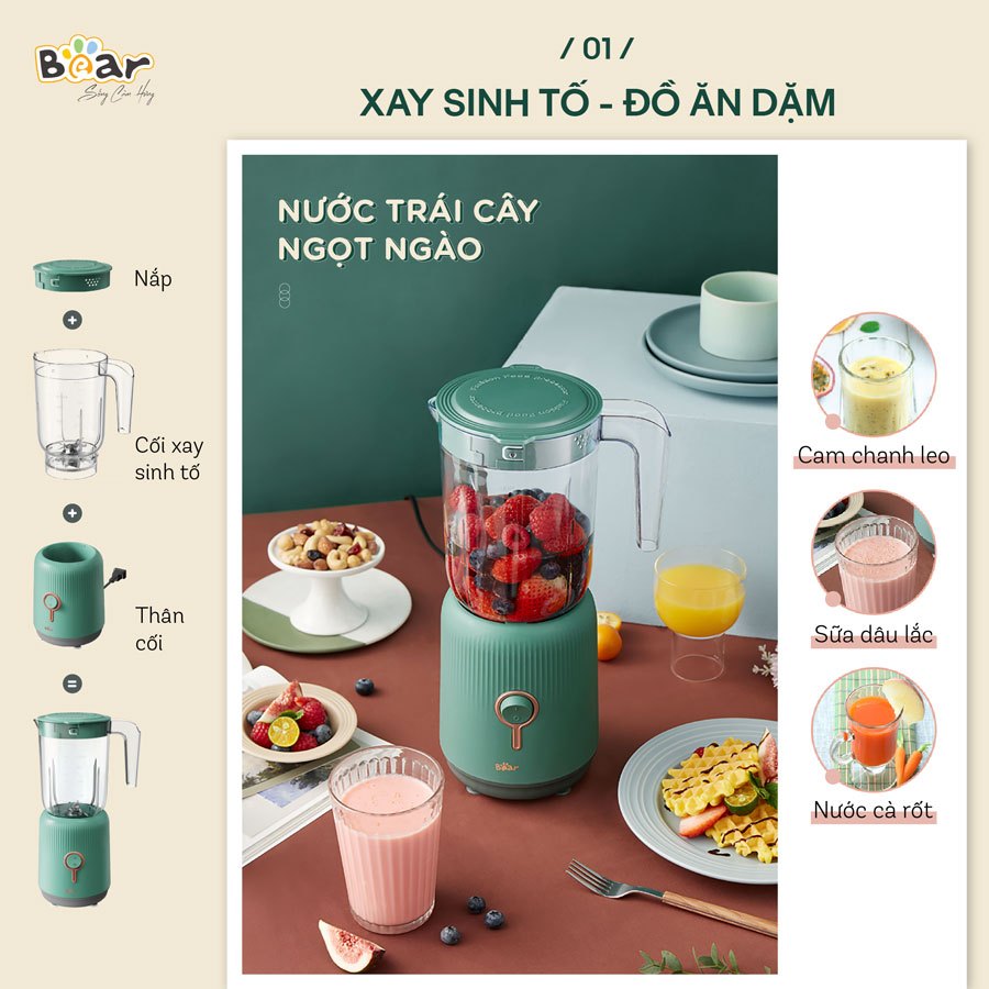 Máy xay ăn dặm đa năng Bear 3 cối xay, xay sinh tố, xay thịt, xay đồ khô – Hàng chính hãng bảo hành 6-18 tháng