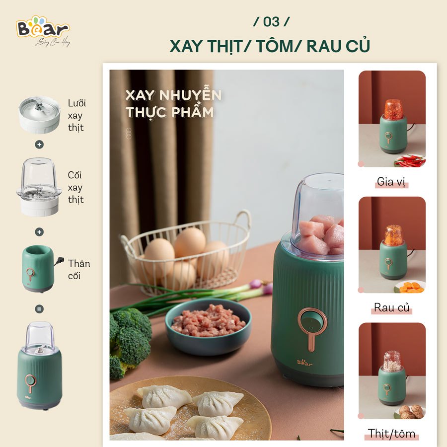 Máy xay ăn dặm đa năng Bear 3 cối xay, xay sinh tố, xay thịt, xay đồ khô – Hàng chính hãng bảo hành 6-18 tháng