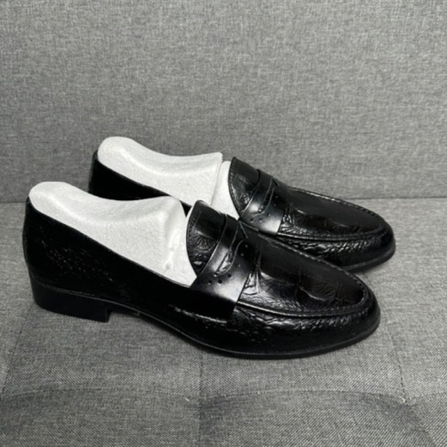 Giày Da Nam Đai Ngang Da Thật In Vân Cá Sấu Đế Khâu Lót Da, Giày Tây Lười Loafer Viboots Da Bò Nguyên Tấm Đế Cao Su