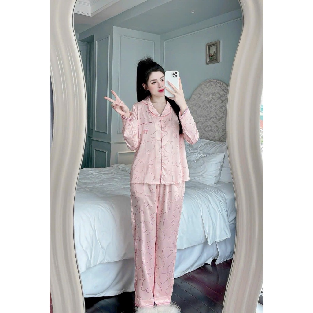 Bộ pijama nữ áo dài quần dài họa tiết kute 2 màu chất lụa tơ cao cấp Xumaki Store