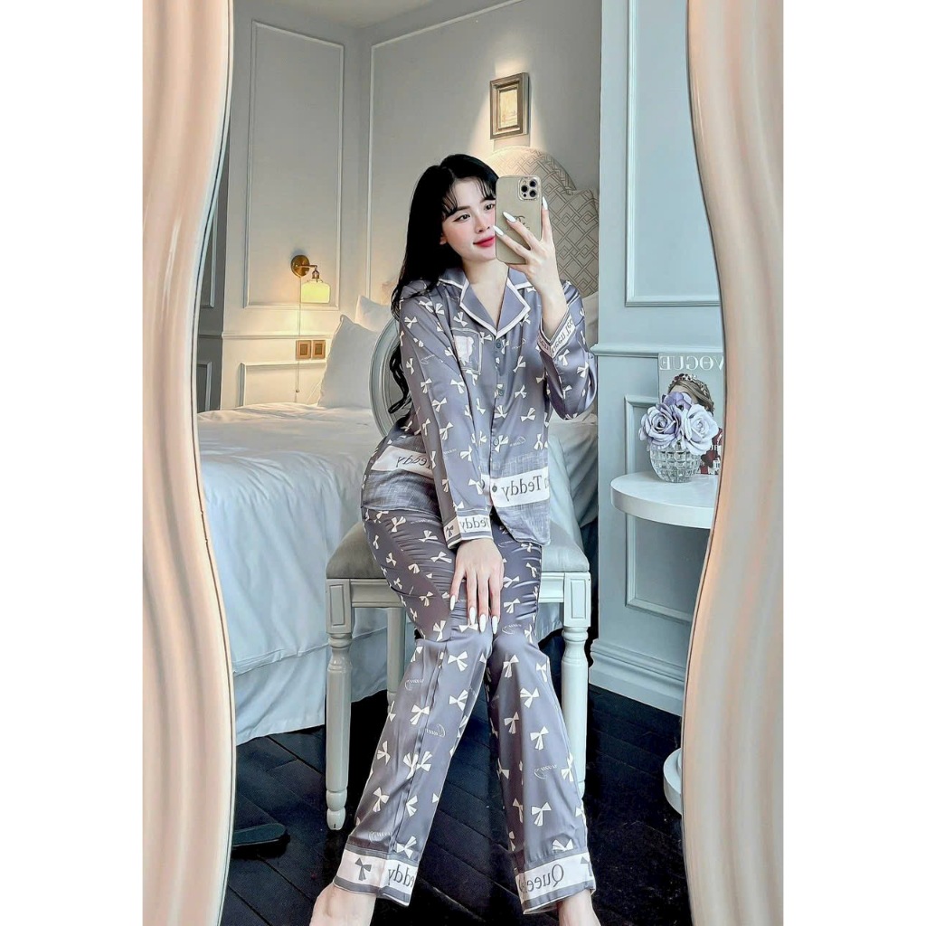 Bộ pijama nữ áo dài quần dài họa tiết nơ nhiều màu chất lụa tơ cao cấp Xumaki Store