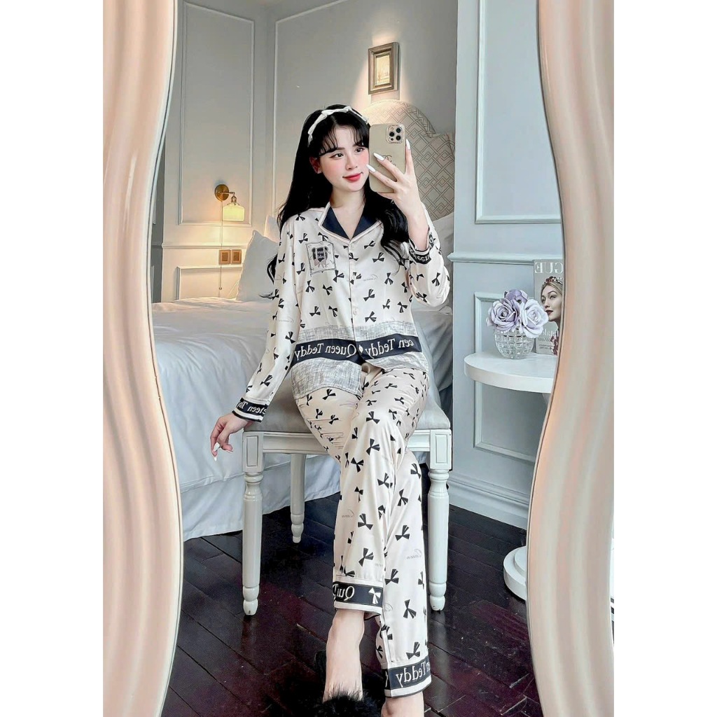 Bộ pijama nữ áo dài quần dài họa tiết nơ nhiều màu chất lụa tơ cao cấp Xumaki Store
