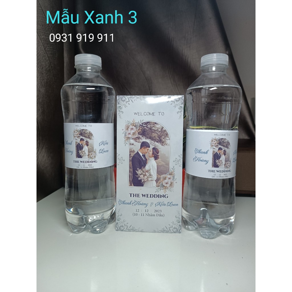 Bao lì xì Đám Cưới in tên cô dâu chú rể + Nhãn dán chai nước suối đám cưới Mẫu Xanh 3