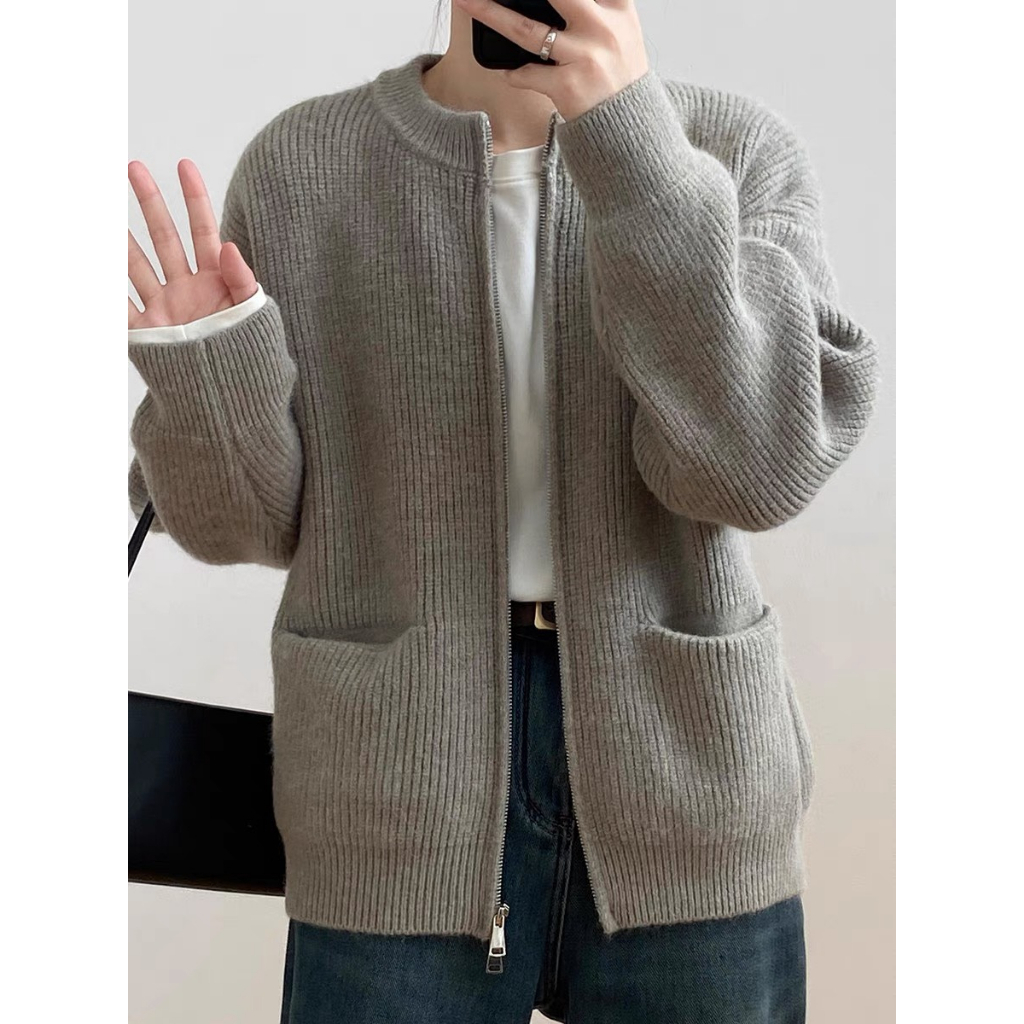 Áo khoác cardigan tông màu đơn giản có túi trước dày dặn deliz kiểu cadigan len xược trước mùa đông