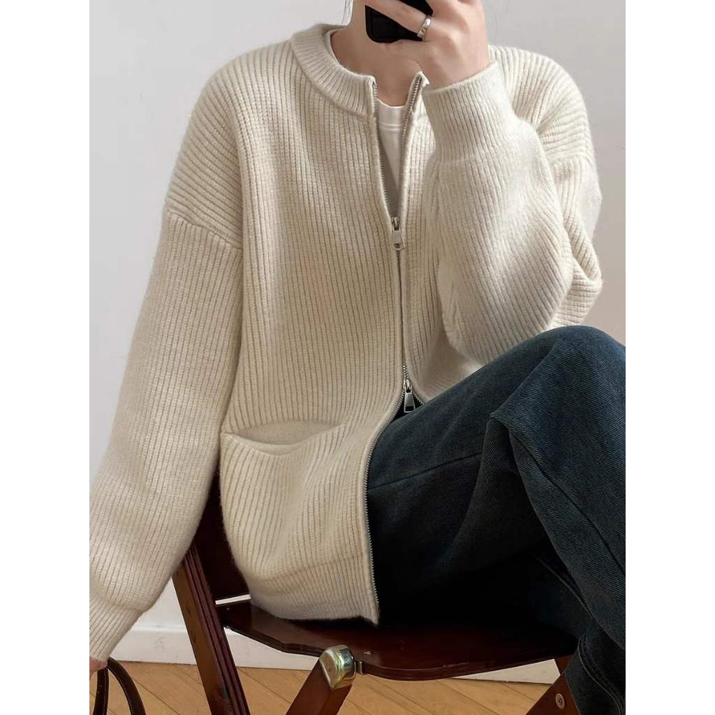 Áo khoác cardigan tông màu đơn giản có túi trước dày dặn deliz kiểu cadigan len xược trước mùa đông