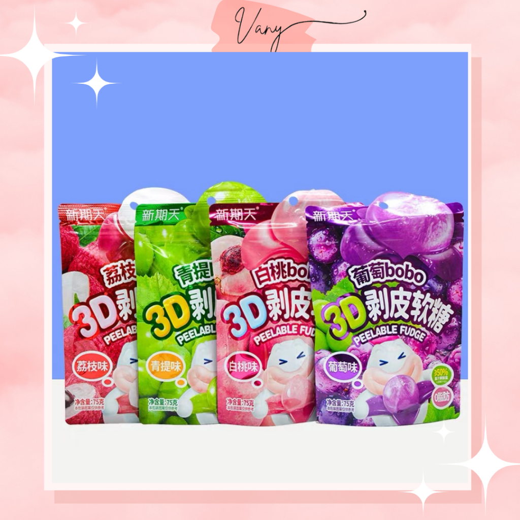 Kẹo Dẻo Trái Cây Bóc Vỏ 3D BOBO 4 Vị Đào Vải Táo Nho 75gr