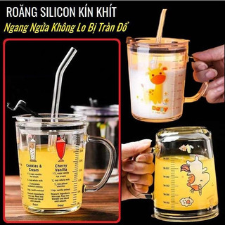 Cốc Chia Vạch Thủy Tinh Pha Sữa Pha Đồ Uống Có Nắp và Ống Hút, Bình Nước 400ml - Ca Pha Sữa Đo Lường Dung Tích